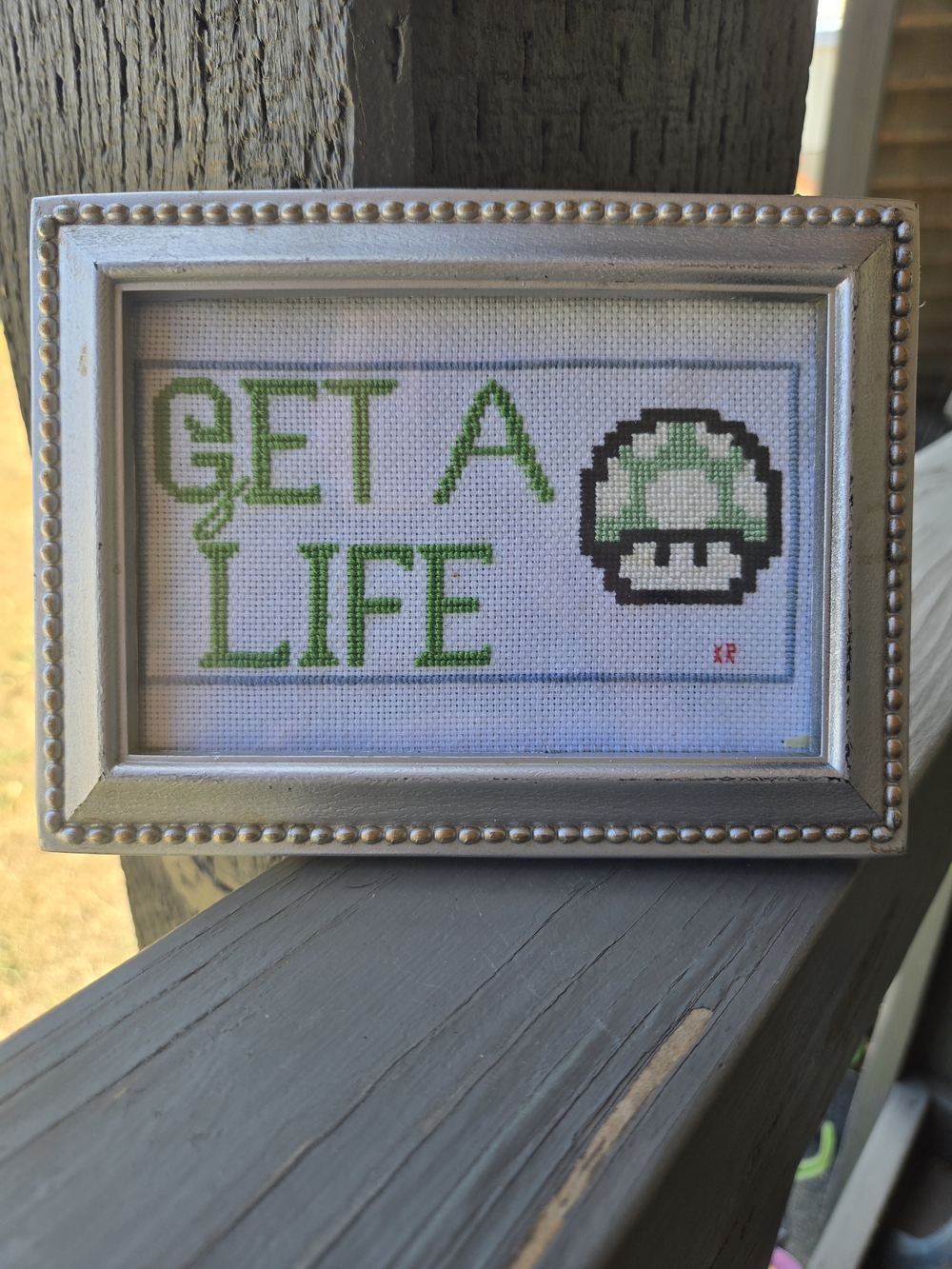 Get A Life Cross Stitch Framed Art - Green Mushroom Design